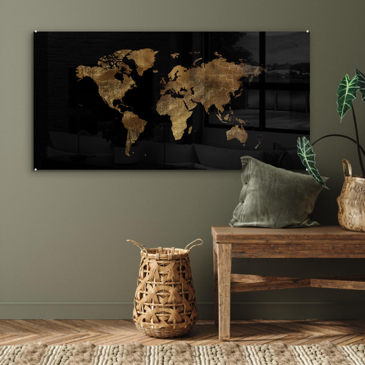ACRYLGLASBILD Weltkarte - Gold - Luxus - Erde - Schwarz 120x60 cm - Goldfarben, Glas (120/60cm) - MuchoWow