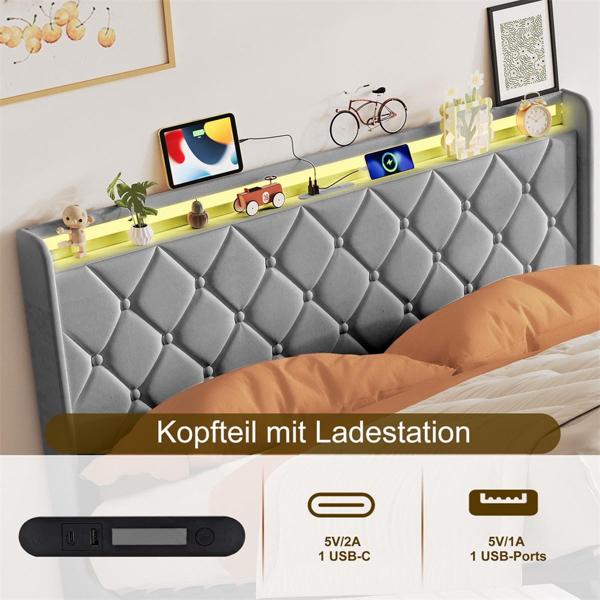 POLSTERBETT 160x200 cm mit hydraulischem Stauraum - Kopfteil Regal & LED - USB - ohne Matratze - Grau - Grau, Textil (160/200cm) - DELFA