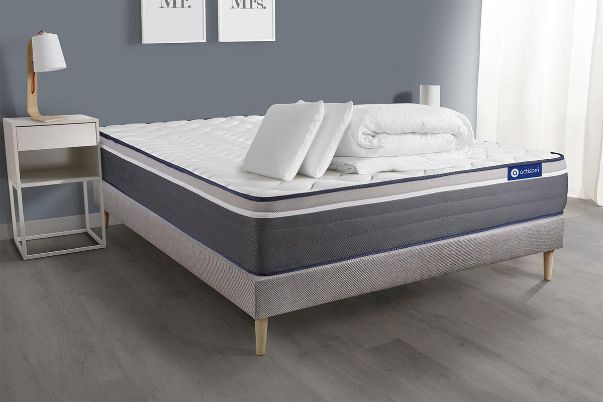 BETT Actiflex plus Taschenfederkern und Memory-Schaum 180 x 200 cm h4 - Kit Bettgestell Grau - Mit Kissen und Bettdecke - Beige/Grau, Holz/Textil (180/200cm) - ACTISOM