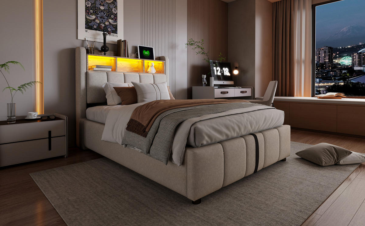 POLSTERBETT 90x200 cm LED USB Stauraum beige - Beige, Textil (90/200cm) - LEBENLANG