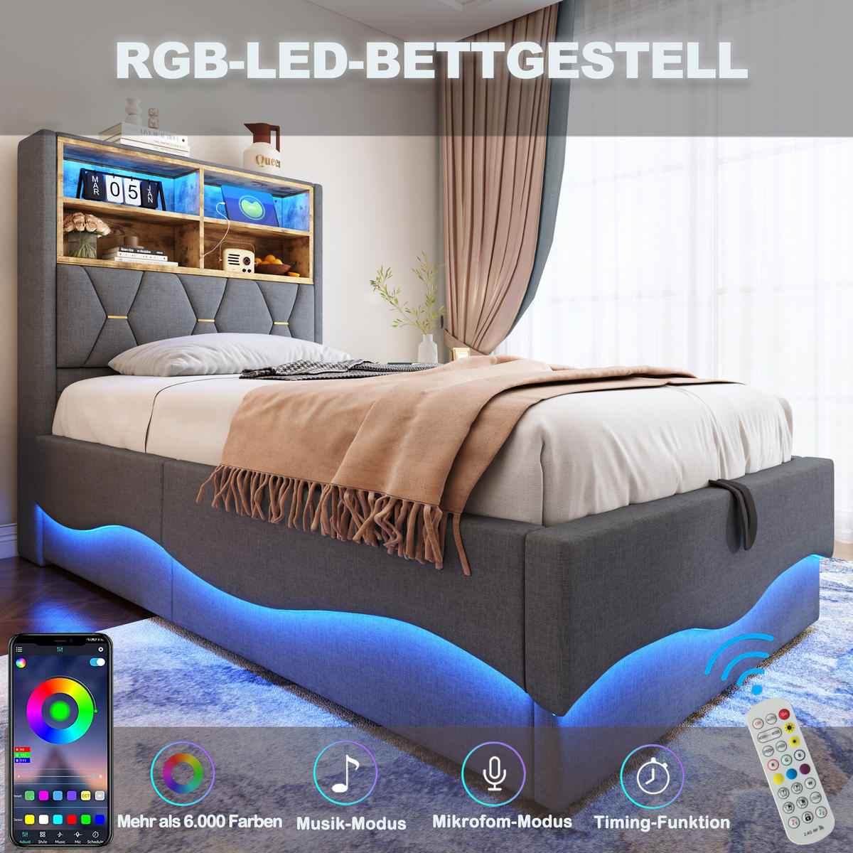POLSTERBETT aus Leinen und Metall 90x200 cm in Grau mit LED, USB und Stauraum - Grau, Textil (90/200cm) - Modfu