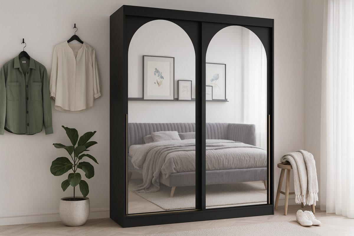 SCHIEBETÜRENSCHRANK MOSSA 180 / 215 / 65 cm in Schwarz / Gold - Goldfarben/Schwarz, Holzwerkstoff (180/215/65cm) - Deine Möbel 24