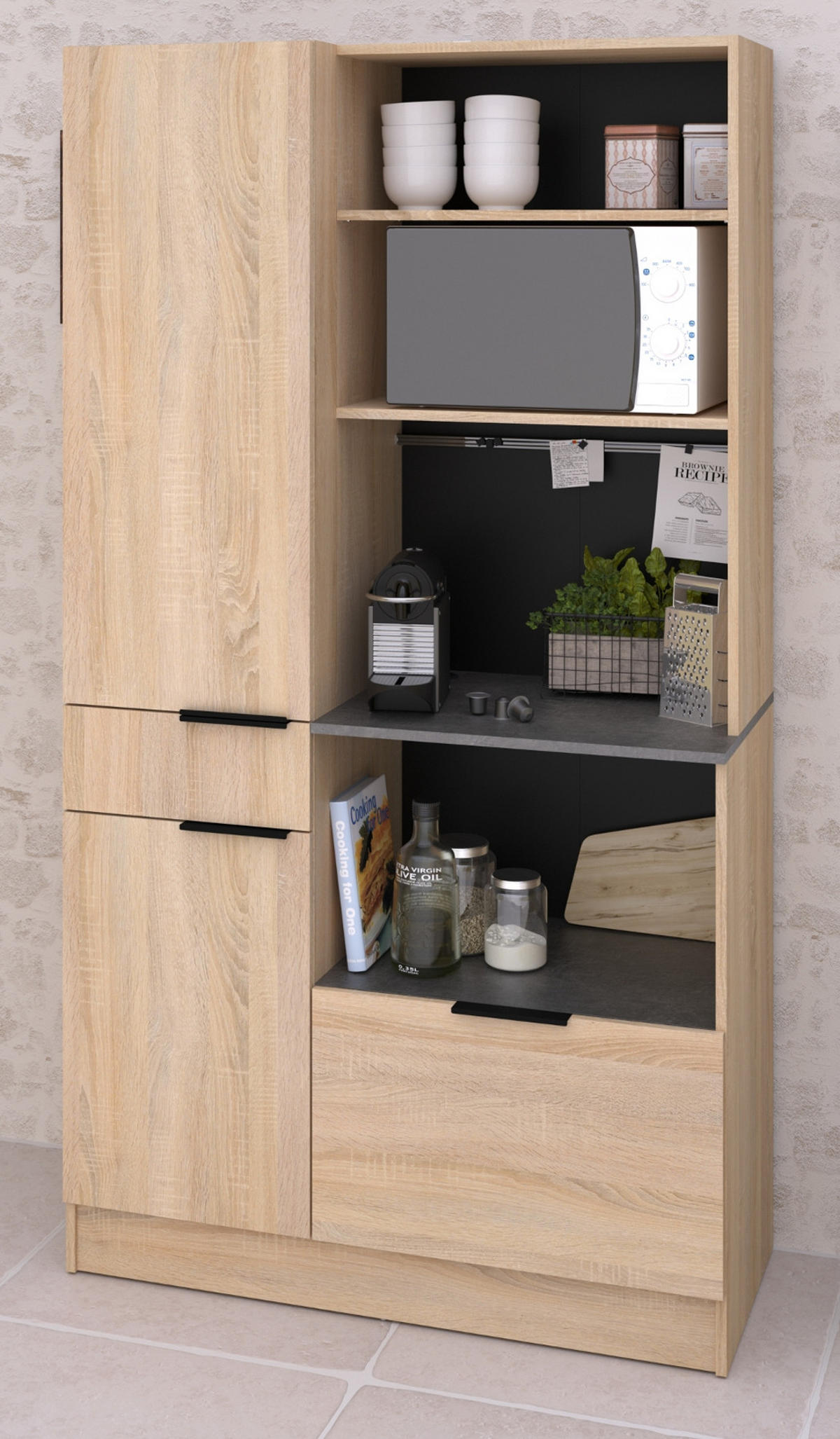 BUFFET Küche Eiche, grau 100 cm Küchenschrank mit viel Stauraum - Eichefarben/Schwarz, Holzwerkstoff/Metall (100/186/186cm) - Parisot Meuble