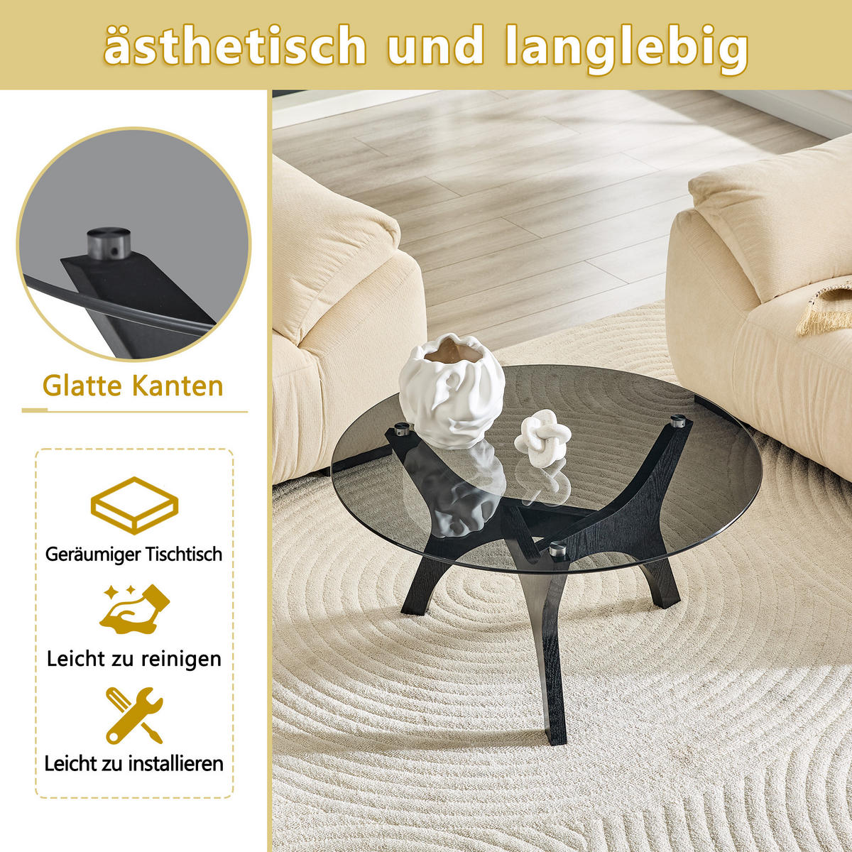 COUCHTISCH in Schwarz Runder Kaffeetisch für Wohnzimmer, Büro & Lounge, Hitze- & Kratzfest, 80/80/42.2 - Schwarz/Naturfarben, Glas/Holzwerkstoff (80/80/42.2cm) - STILVORA