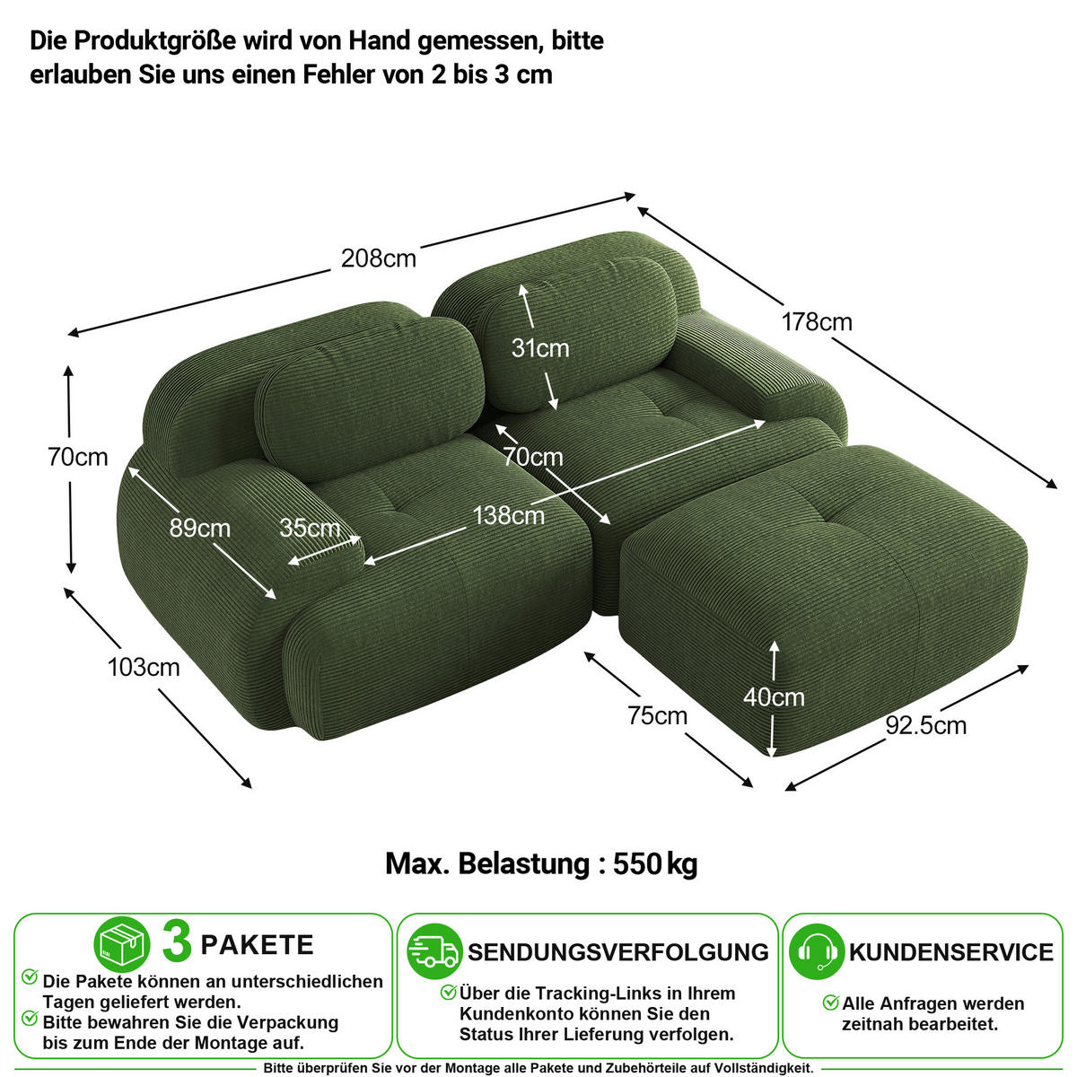 ECKSOFA in Grün aus weichem Cordstoff - Grün, Holzwerkstoff/Textil (208/178cm) - CHICFURN