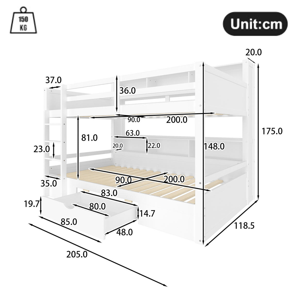 ETAGENBETT 90/200 cm Weiß mit Schublade und Ablagefächern - Weiß, Holz (90/200cm) - OKMYHOME