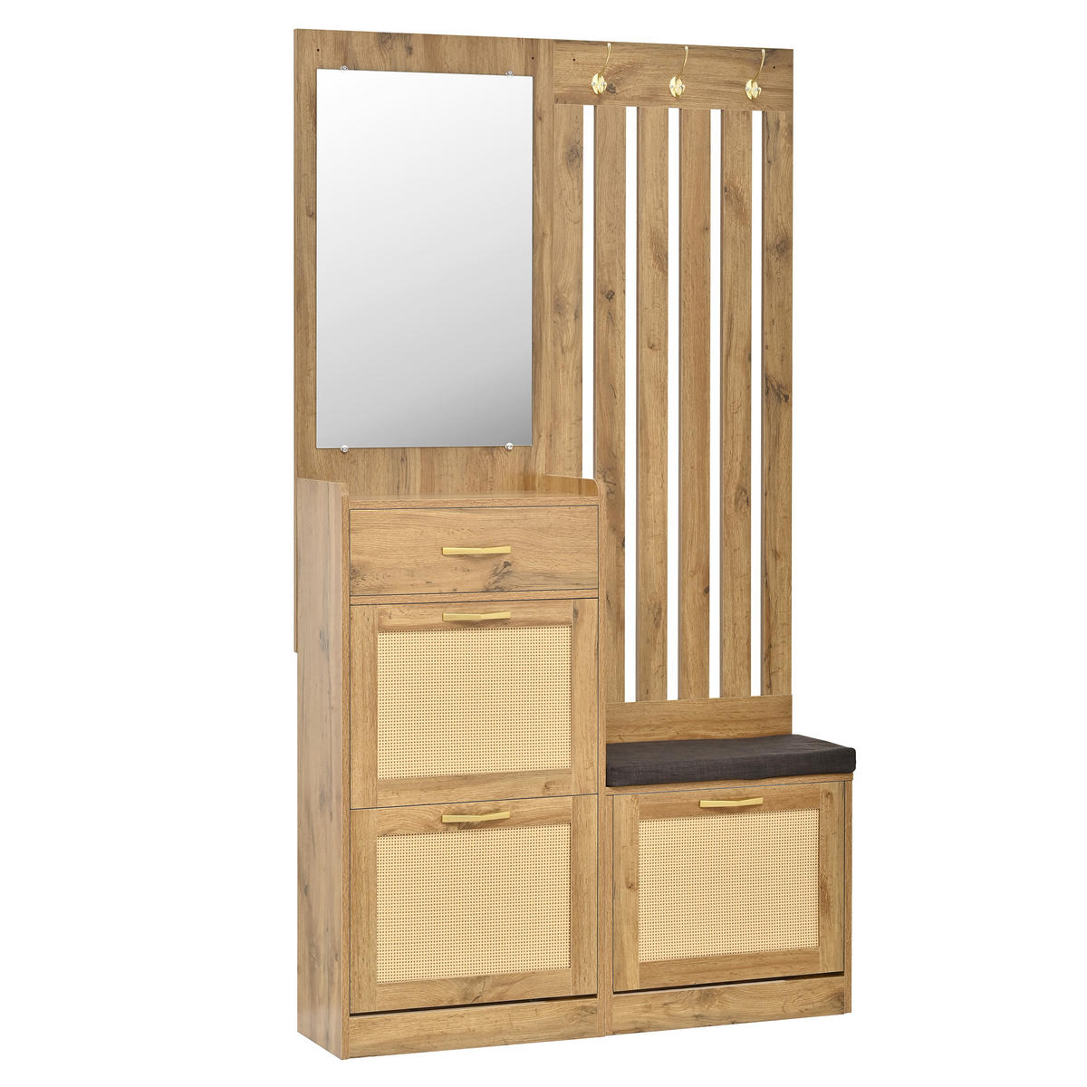 GARDEROBE Set mit Spiegel Sitzbank Schuhschrank Haken - Naturfarben, Holzwerkstoff (99.5/180/26cm) - FLIEKS