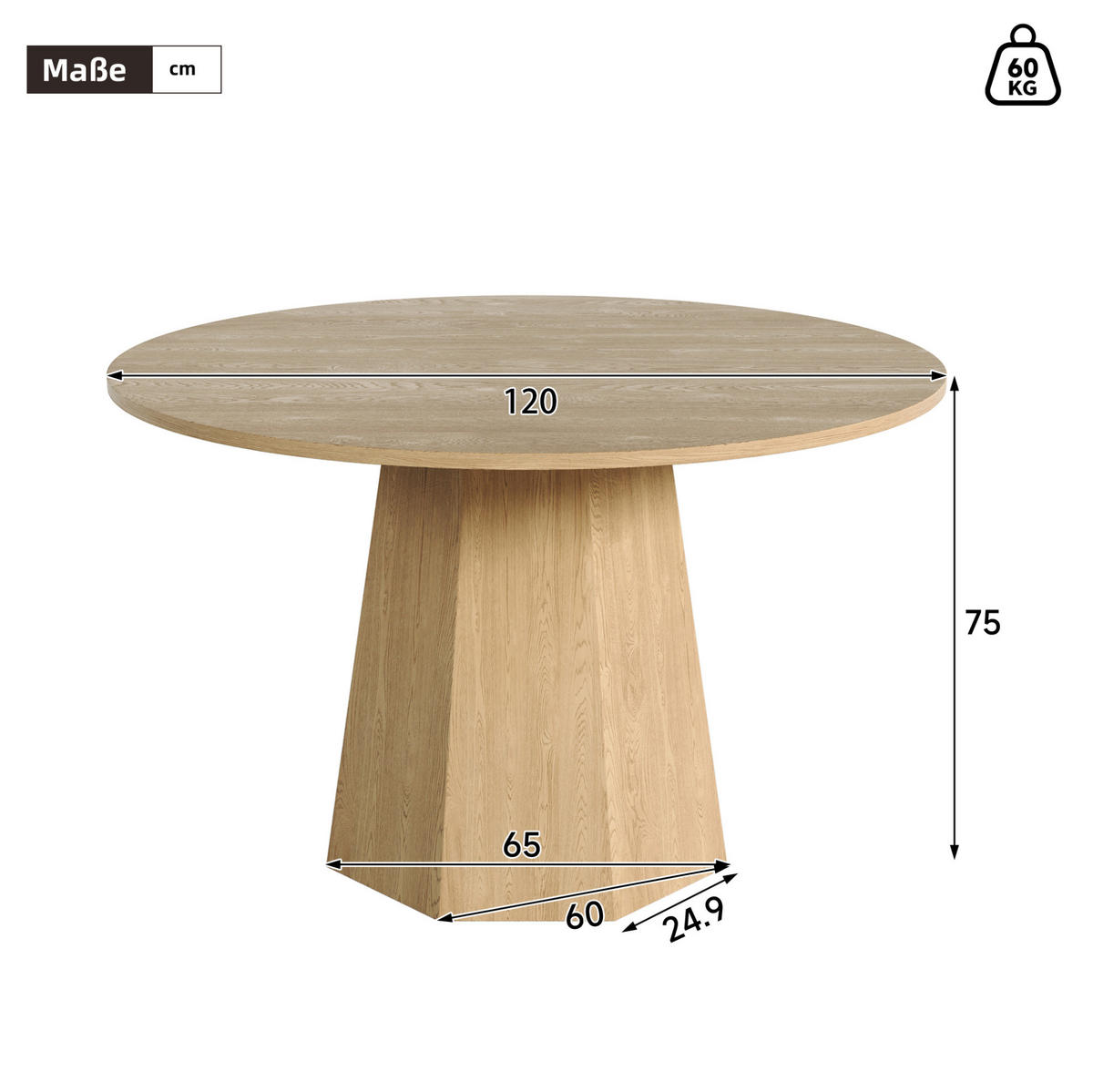 ESSTISCH aus MDF 120x120 cm Eichefarben rund für 4-6 Personen im skandinavischen Stil - Eichefarben, Holzwerkstoff (120/120/75cm) - Modfu