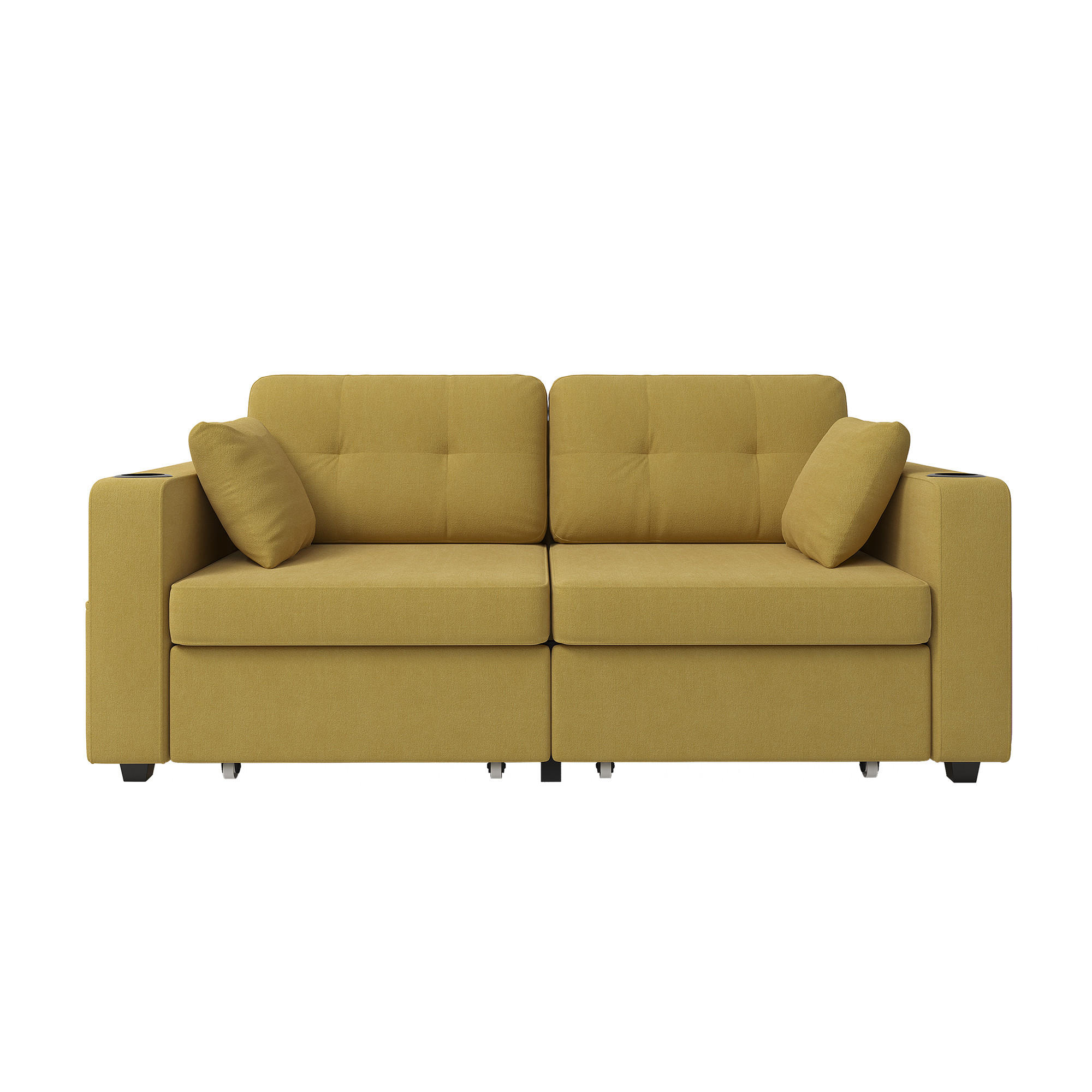 2-SITZER SOFA Chenille Senfgelb mit USB, Getränkehaltern und Stauraumschubladen - Gelb, Textil/Metall (172/82/75cm) - WISHDOR