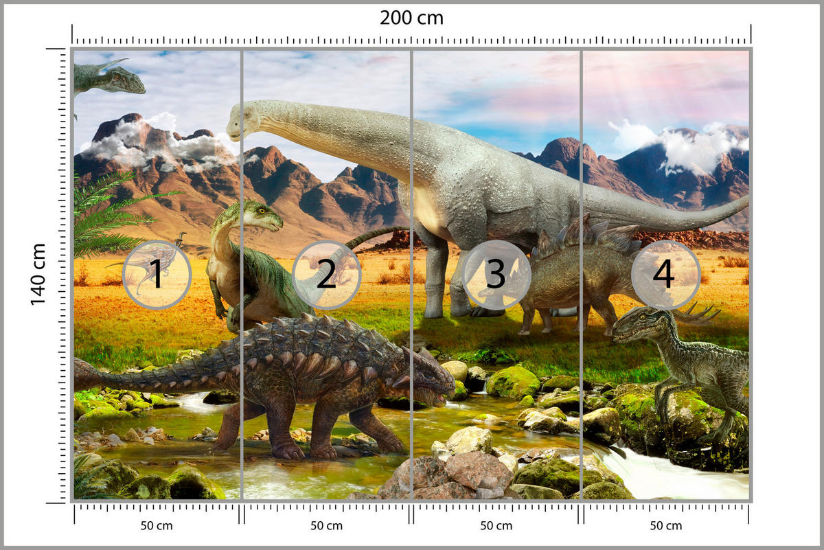 FOTOTAPETE für Kinderzimmer Dinosaurier Berge aus Felsen Bäume 200x140 - Multicolor, Papier (200/140cm) - Muralo