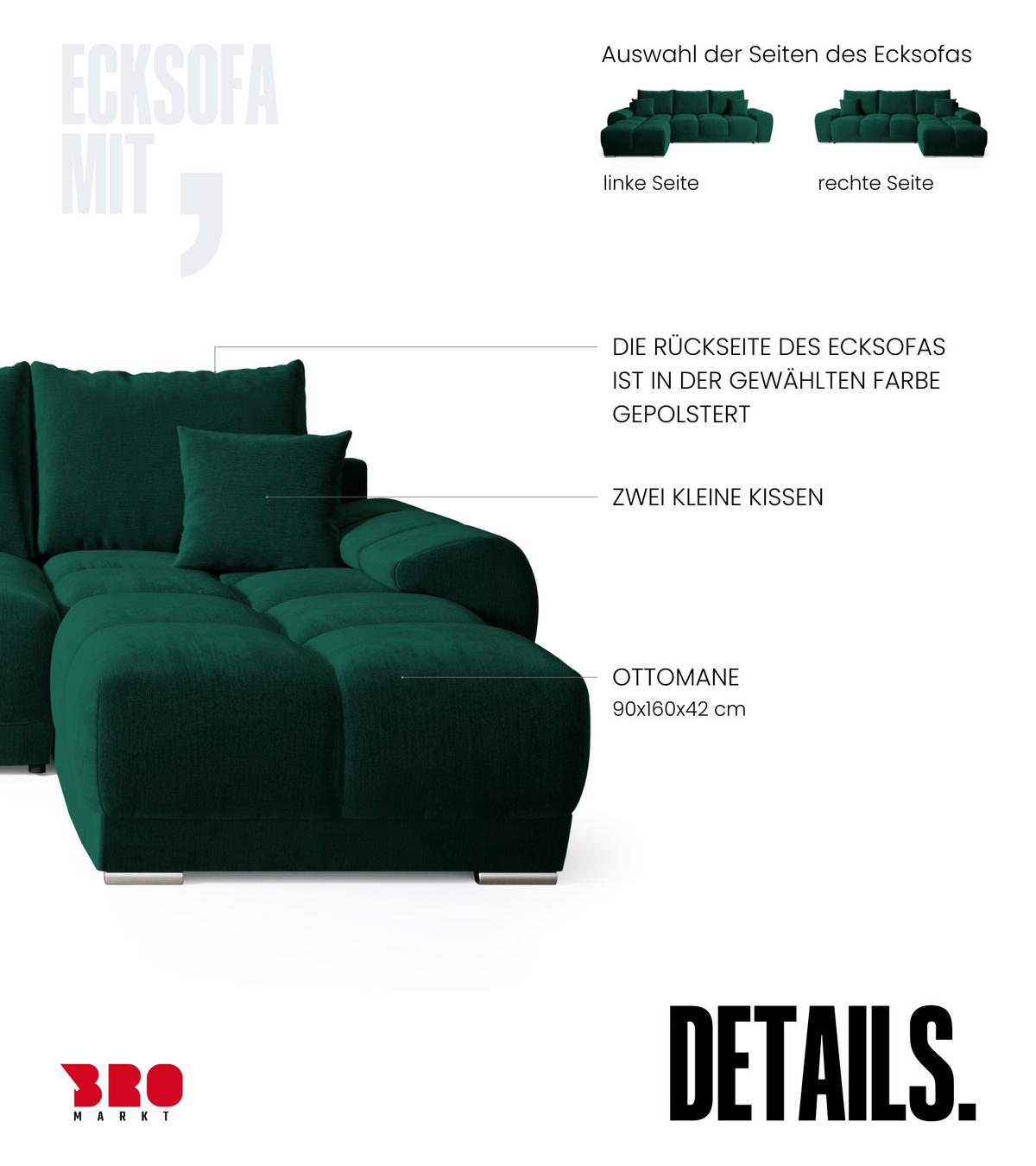 ECKSOFA Nubes mit Schlaffunktion Flaschengrün Plüsch - Dunkelgrün/Gelb, Kunststoff/Textil (290/180cm) - Bromarkt
