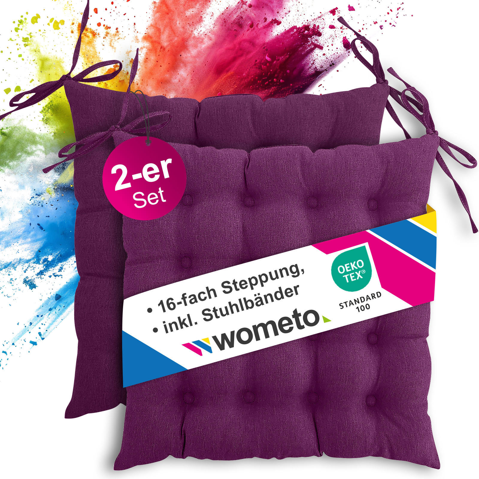 SITZKISSEN 2er Set 16-Punkt beere 40/40 cm mit Steppung und Halte-Bändern - Lila, Textil (40/40/4cm) - wometo