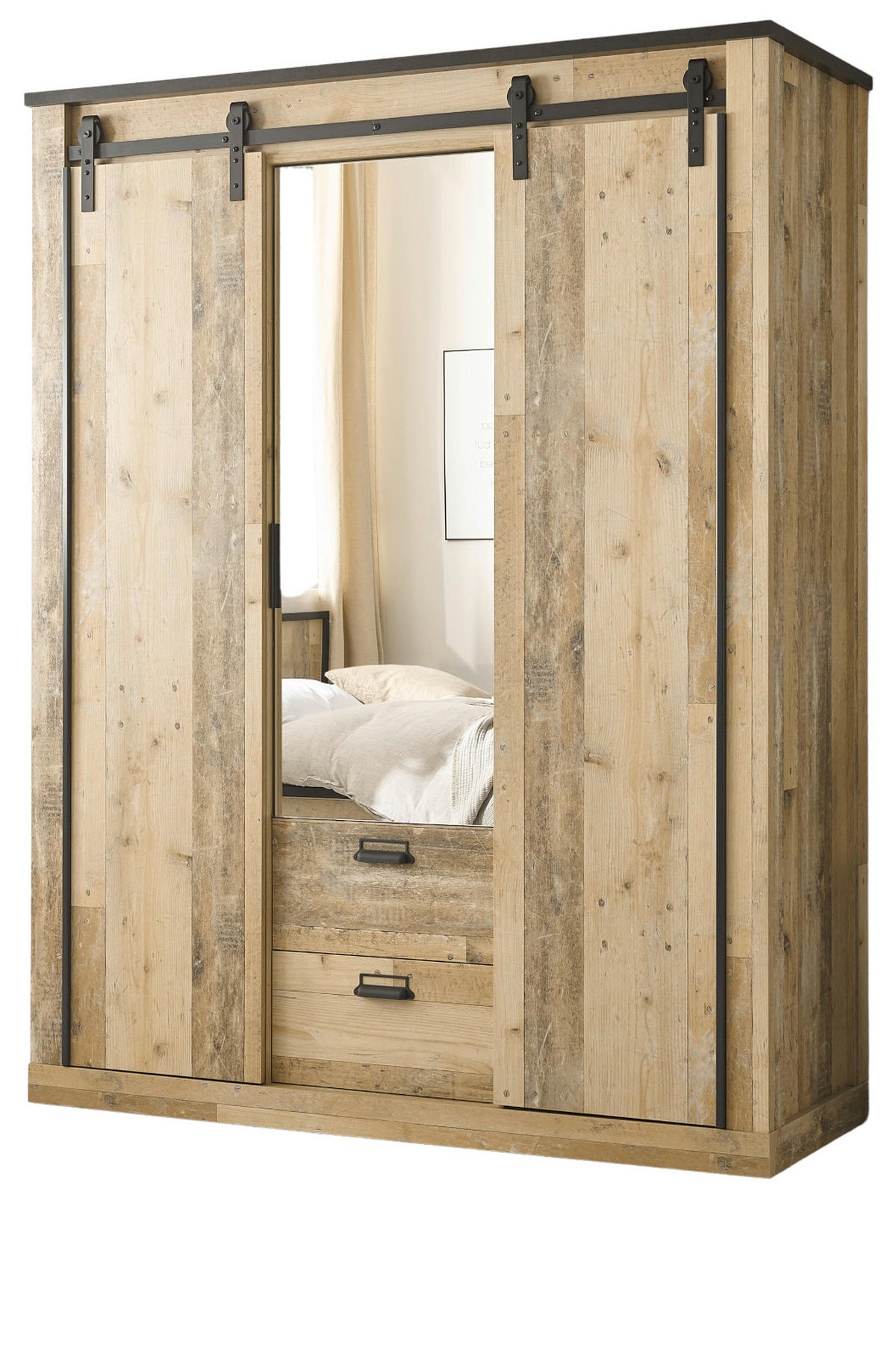 KLEIDERSCHRANK Used Wood hell, dunkles Grau 163 x 209, Schiebetürenschrank 3-türig mit Spiegel - Dunkelgrau/Schwarz, Glas/Holzwerkstoff (163/209/63cm) - Furn.Design