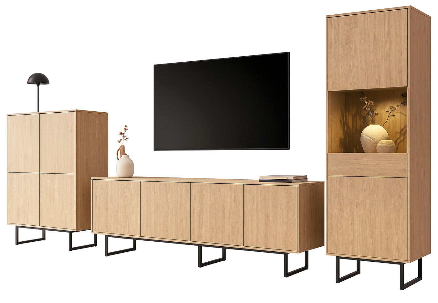 WOHNWAND Stone Eiche, 3-teilig 400 cm, Schrankwand mit Push-to-Open - Eichefarben/Schwarz, Holzwerkstoff/Metall (400/200/40cm) - Furn.Design