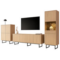 WOHNWAND Stone Eiche, 3-teilig 400 cm, Schrankwand mit Push-to-Open - Eichefarben/Schwarz, Holzwerkstoff/Metall (400/200/40cm) - Furn.Design