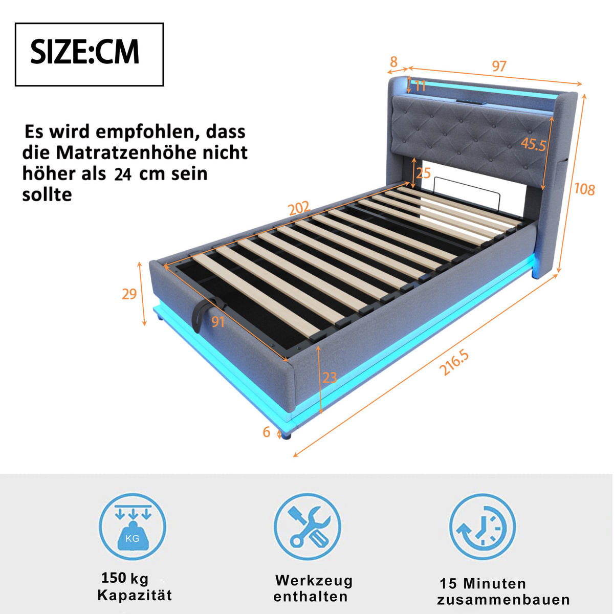 POLSTERBETT 90/200 cm Grau mit hydraulischem Stauraum und USB-Anschlüssen - Grau, Textil (90/200cm) - OKWISH
