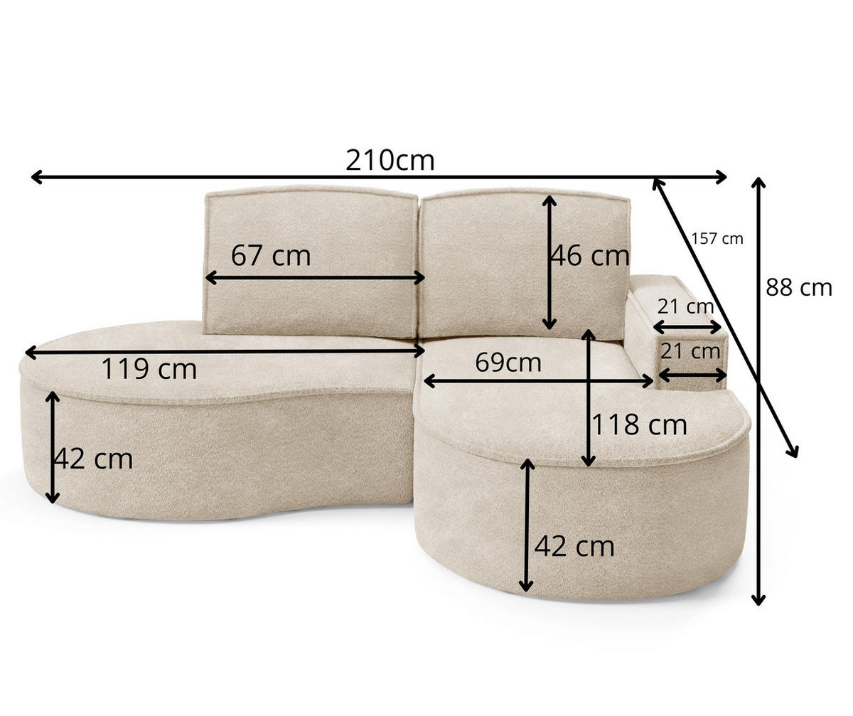 ECKSOFA MOLLY – Halbkreisförmig, Curio‑Bouclé, Lose Kissen, 210x157x88 cm, Rechts, Grün - Grün, Holz/Textil (210/157cm) - DomoHome