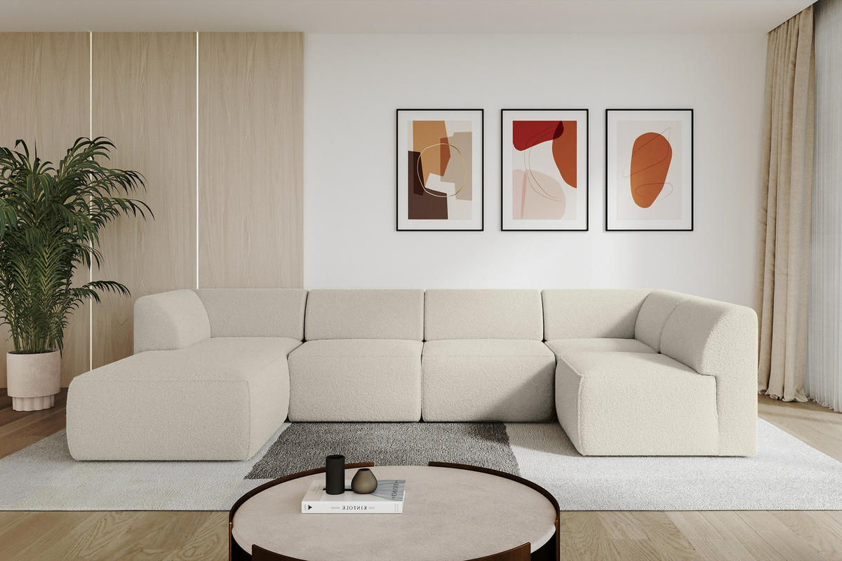 WOHNLANDSCHAFT Ottomane Links MOVA 345x180x78 Beige Bouclé - Sandfarben/Beige, Holzwerkstoff/Kunststoff (180/78/345cm) - ALTDECOR