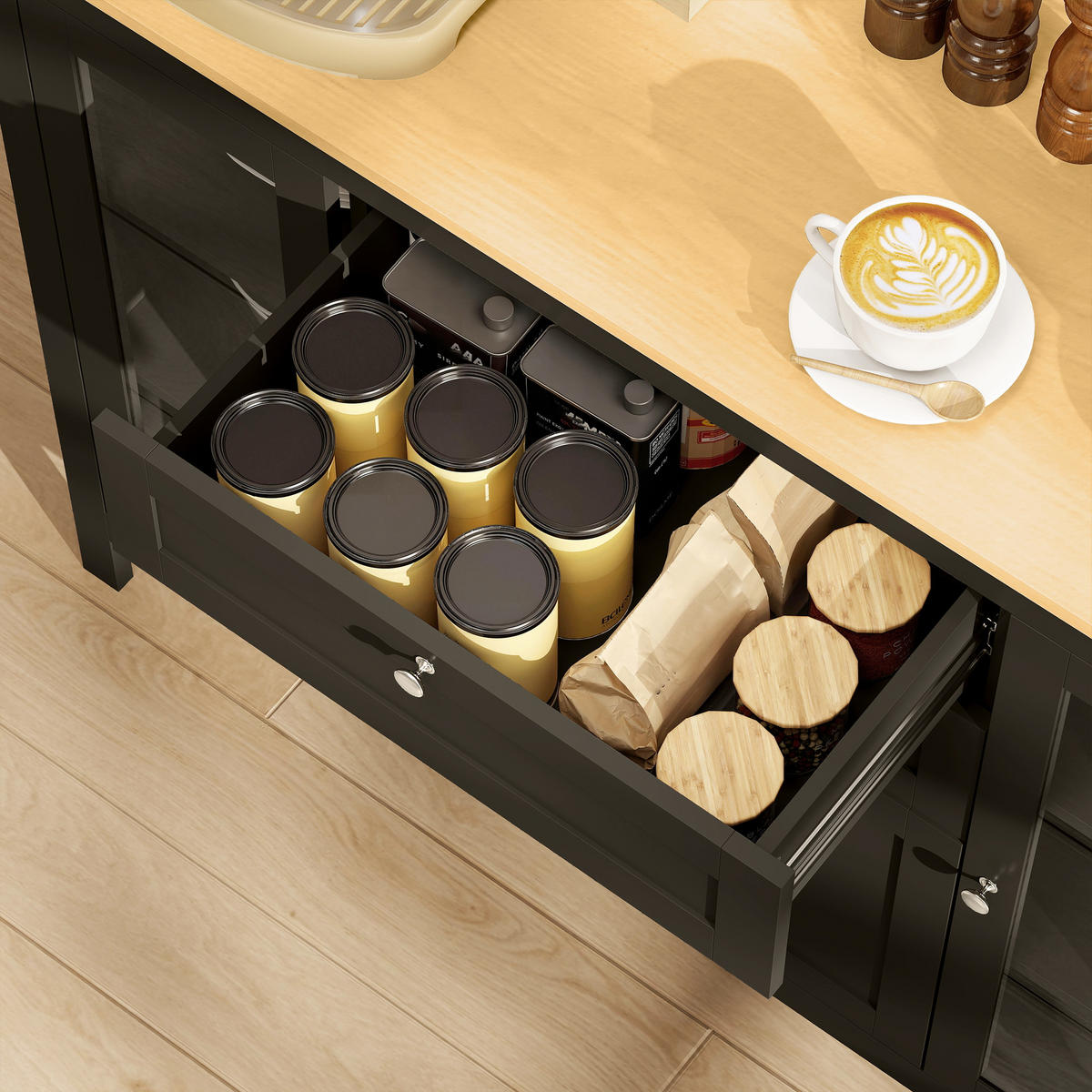 SIDEBOARD DE-11209 3 Schränke (2 mit Glas) Schwarz - Schwarz, Holzwerkstoff (120/90/40cm) - ComfortXL