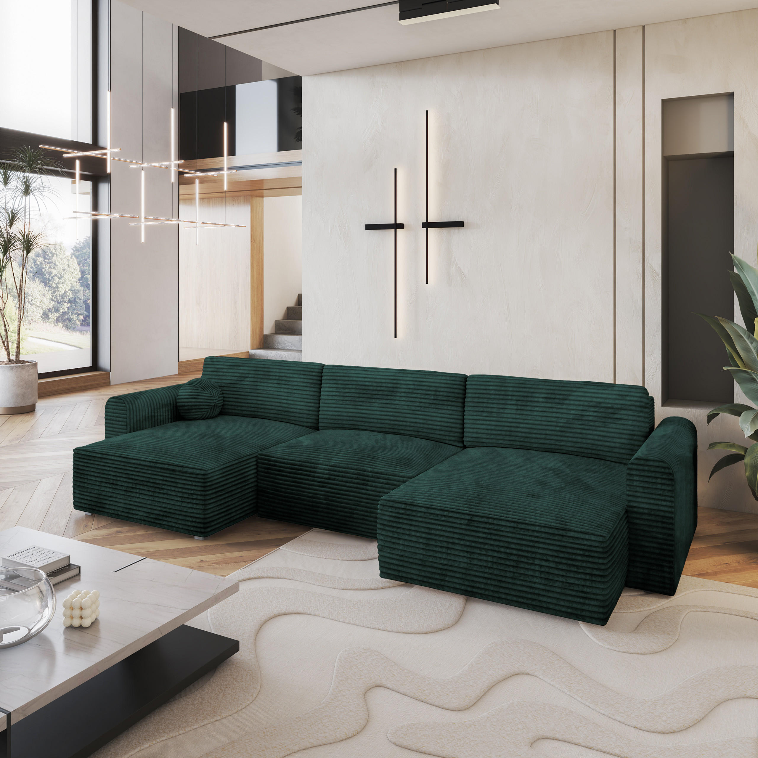 WOHNLANDSCHAFT FENTO Grün Kordstoff mit Schlaffunktion - Grün, Holz (347/90/148cm) - MASSENO