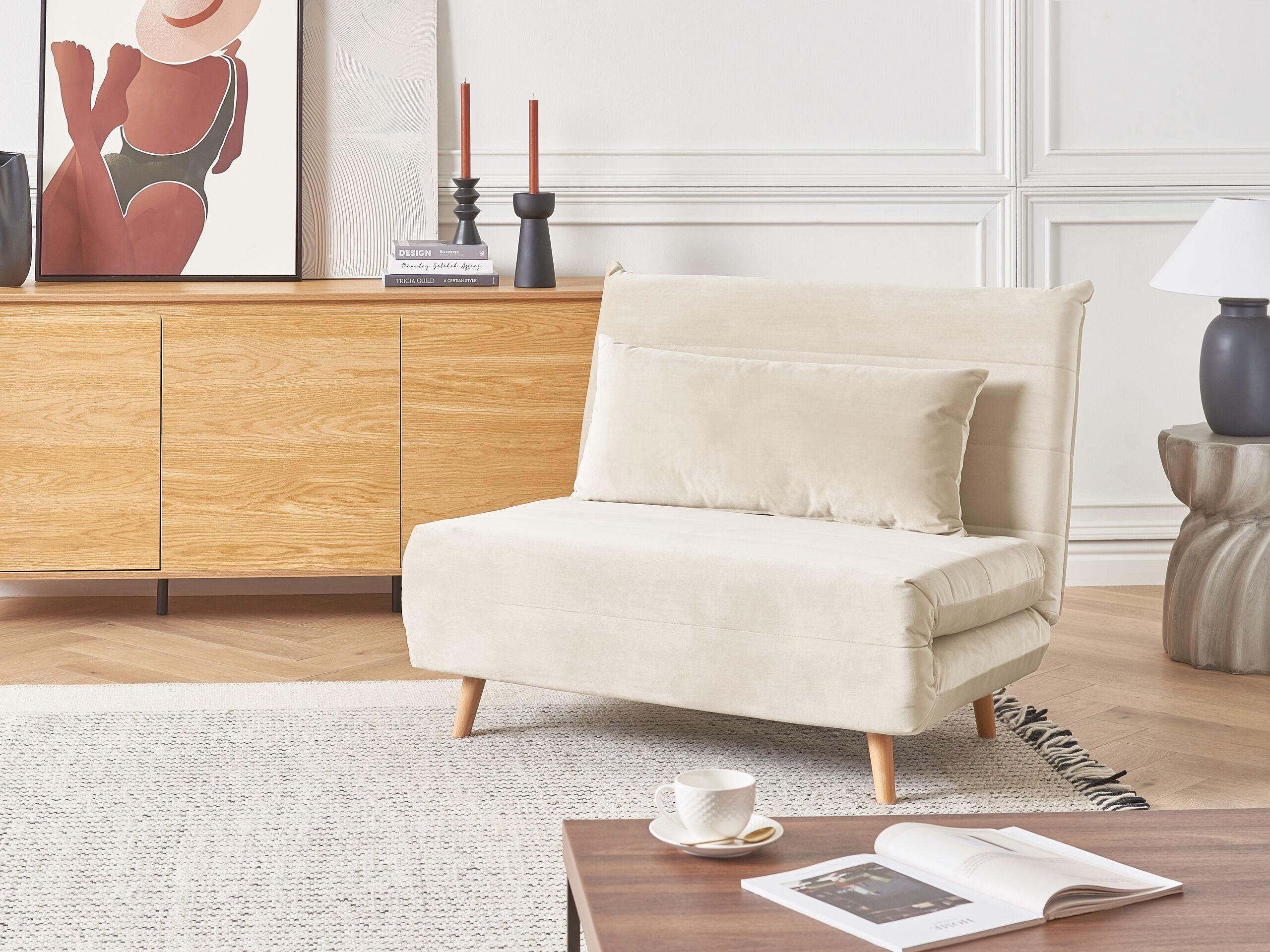 1-SITZER-SCHLAFSOFA Samtstoff Creme Setten - Creme, Textil (104/82/190cm) - Beliani