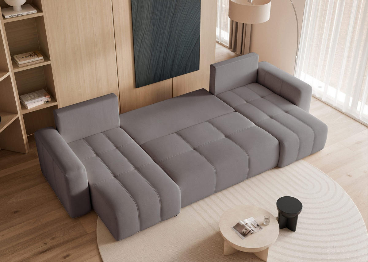 WOHNLANDSCHAFT U-Form Velours mit Bettkasten und Schlaffunktion - Dunkelgrau, Holzwerkstoff/Textil (318/79/145cm) - Idohome