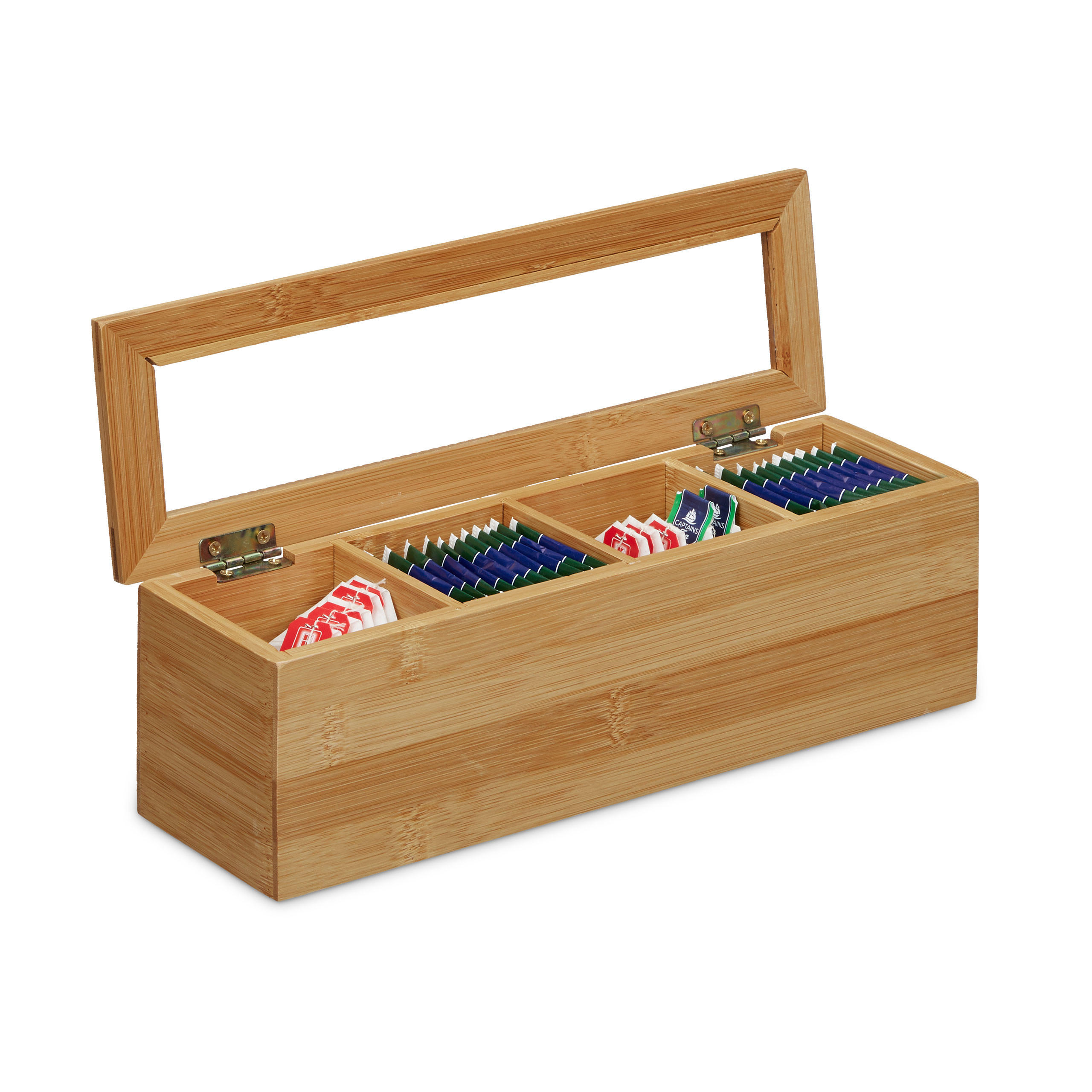 Relaxdays KRABIČKA NA ČAJ Přírodní bambus 4 přihrádky 9x30x9 cm
