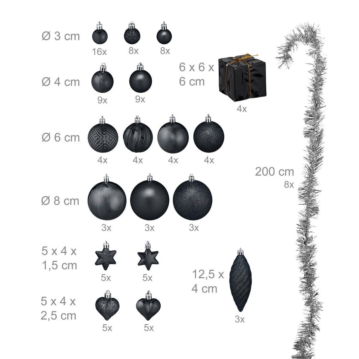 WEIHNACHTSKUGELN-SET 110-tlg. - Schwarz, Kunststoff (8/9/8cm) - Relaxdays