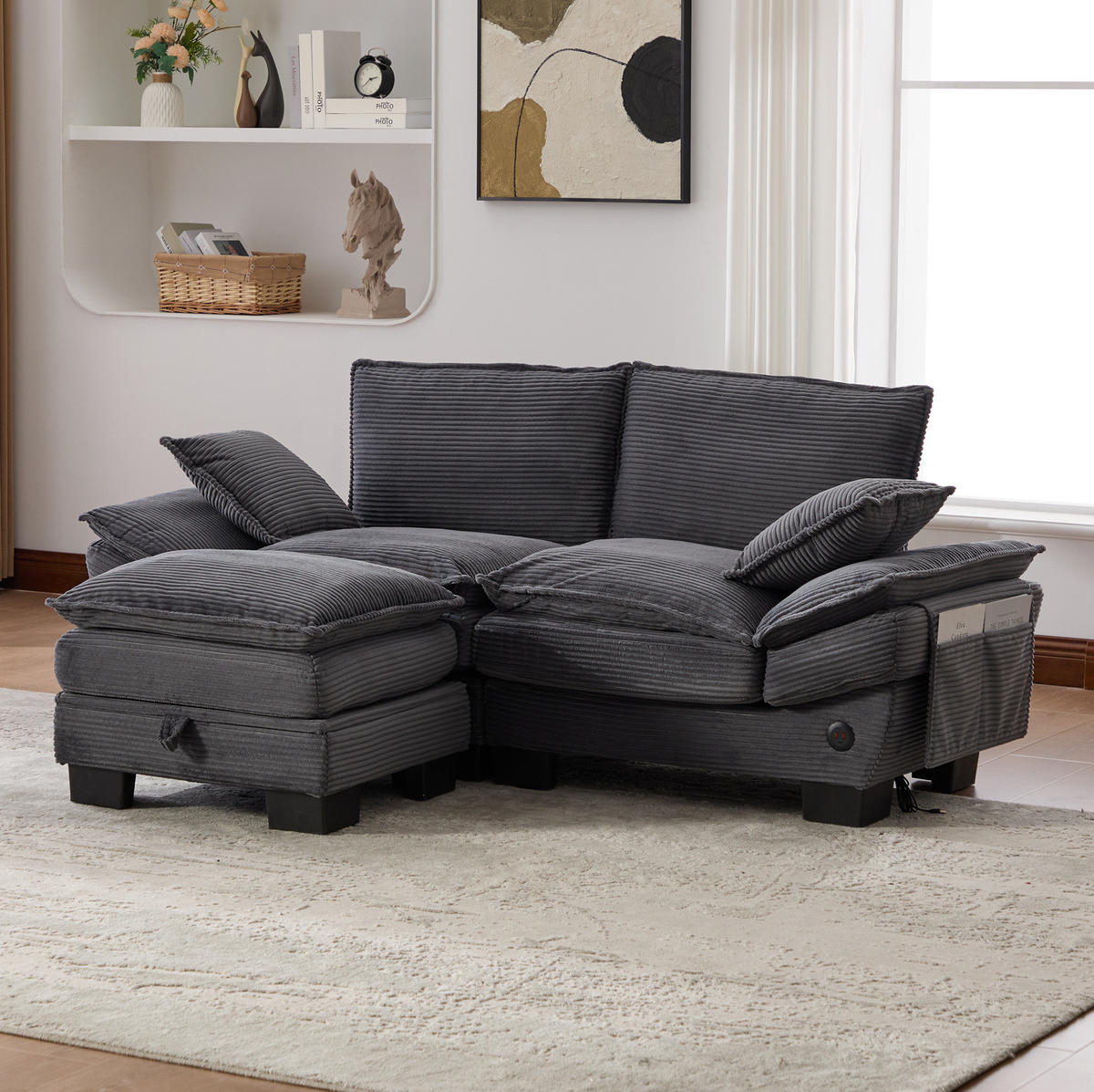 ECKSOFA aus Cord 190x132x84 cm in Dunkelgrau mit Hocker & USB-C - Dunkelgrau, Textil (132/190cm) - Modfu