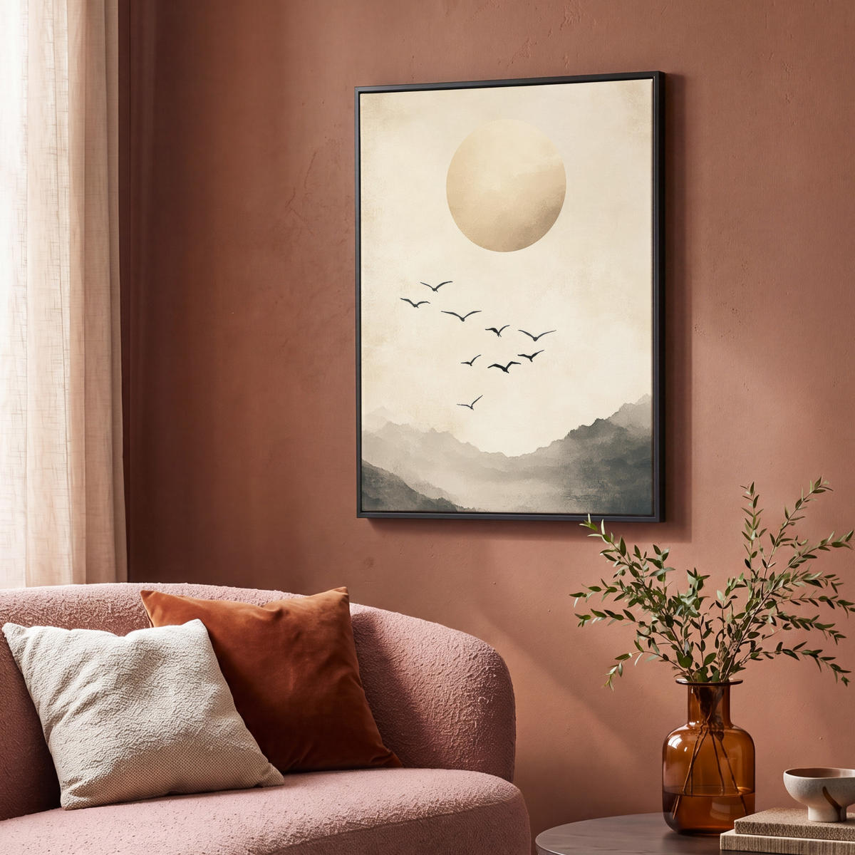 LEINWAND Bilder mit Rahmen - Landschaft - Japandi - Vogel - 70x100 - Beige, Textil (70/100cm) - MuchoWow