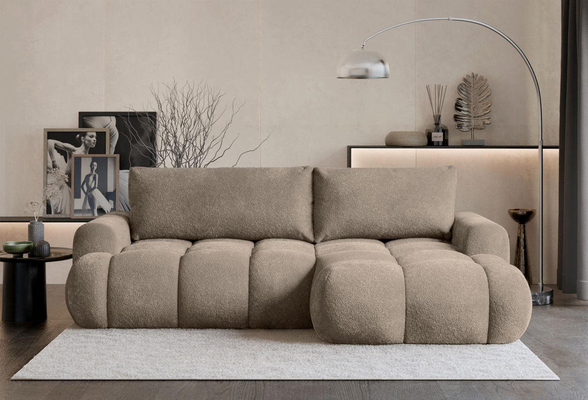 ECKSOFA Ombo Mini, Dunkelbeige Bouclé, rechtsseitig - Schwarz/Cappuccino, Kunststoff/Textil (155/246cm) - Selsey