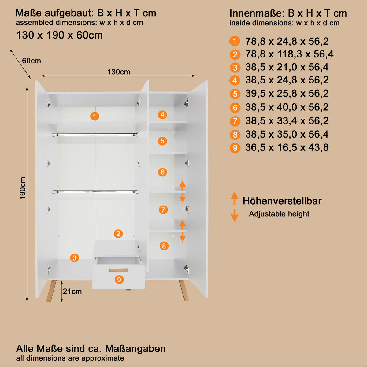 KLEIDERSCHRANK weiß matt mit Buche massiv, 3-türig 130 x 190 cm für Baby- und Kinderzimmer - Eichefarben/Buchefarben, Holz/Holzwerkstoff (60/190/130cm) - Top.Furn