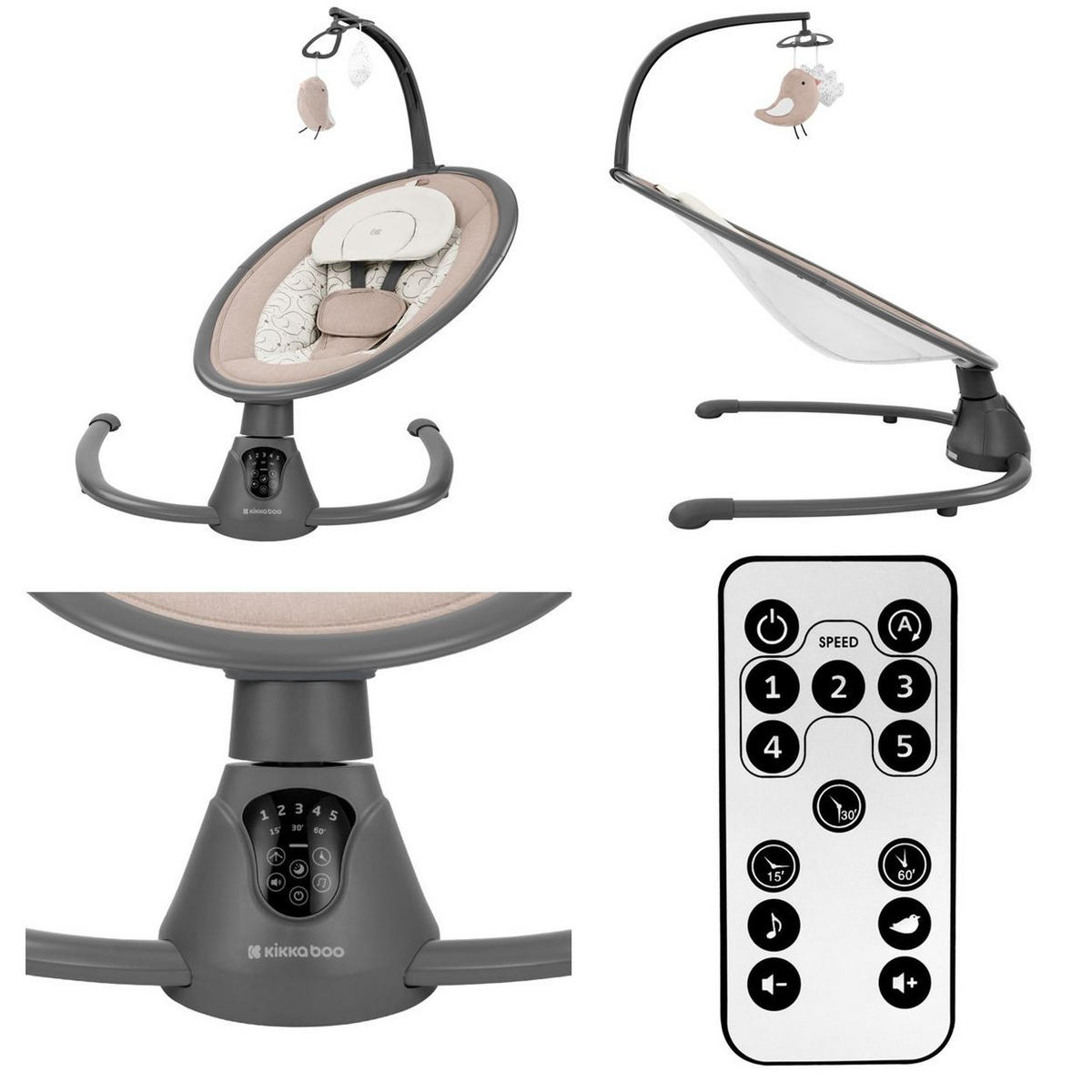 BABYWIPPE Twiddle beige grau 5 Schaukelgeschwindigkeiten, Fernbedienung, Timer, 5-Punkt-Gurt - Beige, Metall - Kikka boo