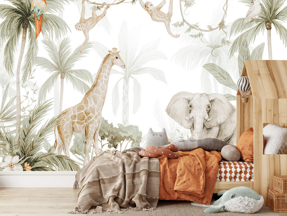 FOTOTAPETE für Kinderzimmer Dschungel Tiere Giraffe Elefant Palmen 500x350 - Ecru/Braun, Papier (500/350cm) - Muralo