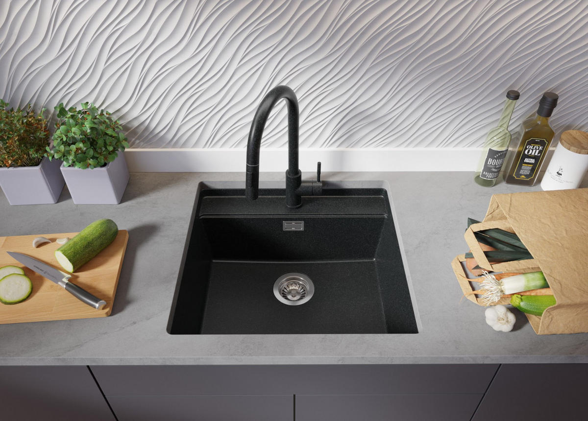 UNTERBAUSPÜLE GRANIT Bergen, 2-er set Anthrazit 56/53 cm 1 Becken + Ablauf-Set + Schneidebrett ab 60er Unterschrank - Chromfarben/Anthrazit, Kunststoff (56/20/53cm) - Primagran