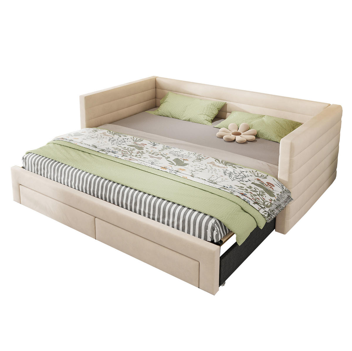 ČALÚNENÁ posteľ 90/190 cm béžová rozkladacia na jednolôžko aj dvojlôžko z bavlny a ľanu - béžová, textil (90/190cm) - OKWISH