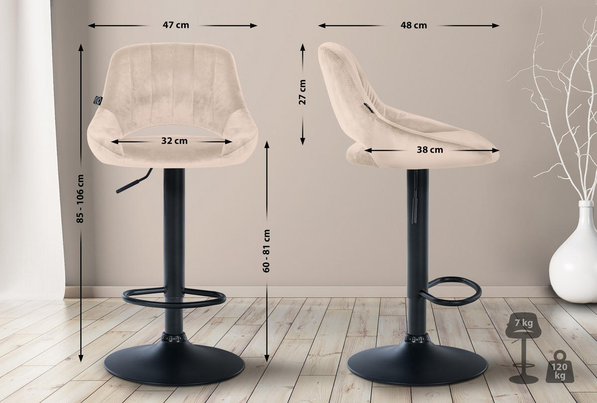 BARHOCKER 2er Set Samt creme - Creme/Schwarz, Textil (47/85/48cm) - CLP