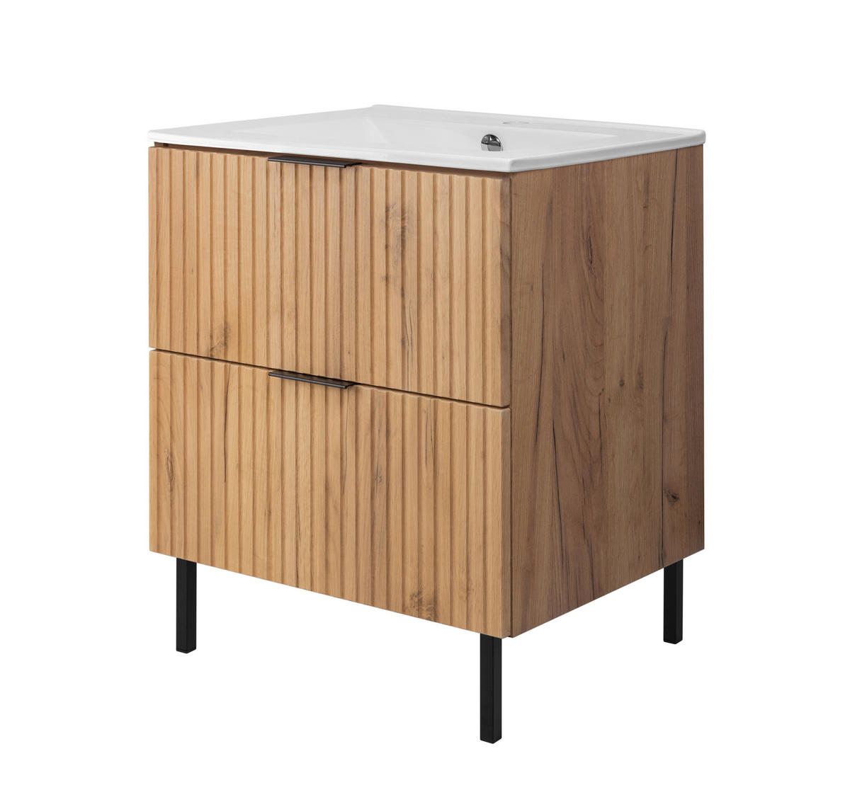 BADEZIMMERSCHRANK, Gold Craft Eiche, Schwarze Griffe, 60 x 77 x 46 cm - Eichefarben/Schwarz, Holzwerkstoff (60/77/46cm) - 3XE LIVING