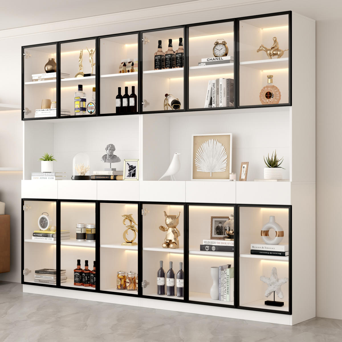 VITRINENSCHRANK mit LED 240 x 200 cm Weiß mit schwarzem Aluminiumrahmen - Weiß, Holzwerkstoff (240/200/36cm) - Beauniv