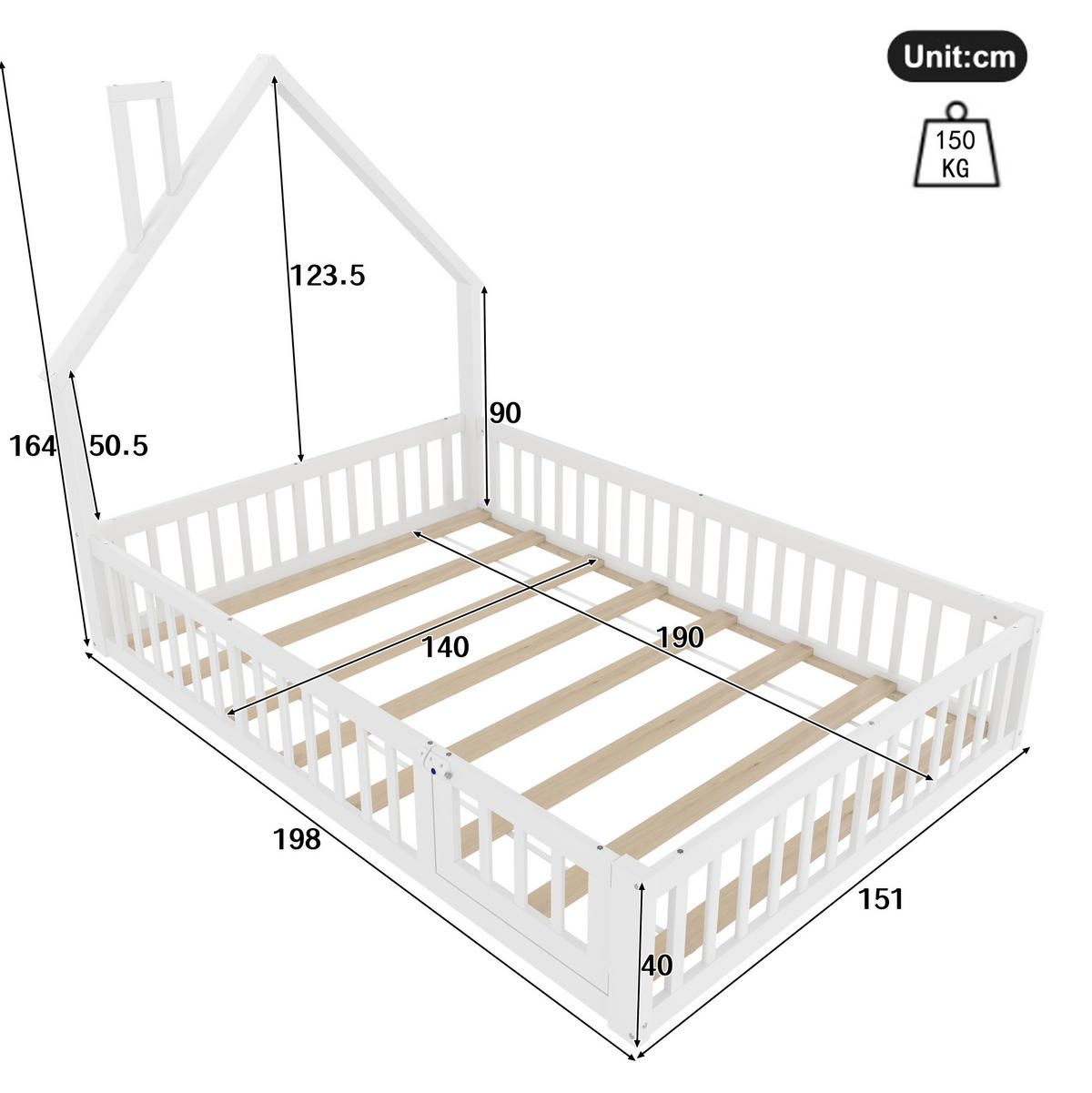KINDERBETT 140/190 cm mit Lattenrost, Schornsteinform und Sicherheitsgitter, Weiß/Grau - Weiß, Holzwerkstoff (140/190cm) - Redom
