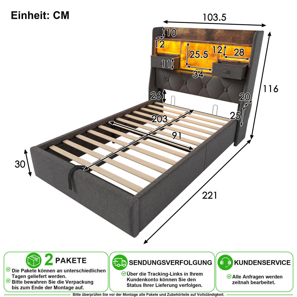 POLSTERBETT 90/200 cm in Grau mit Bettkasten, LED, USB und Type-C Leinen - Grau, Holzwerkstoff/Textil (90/200cm) - CHICFURN