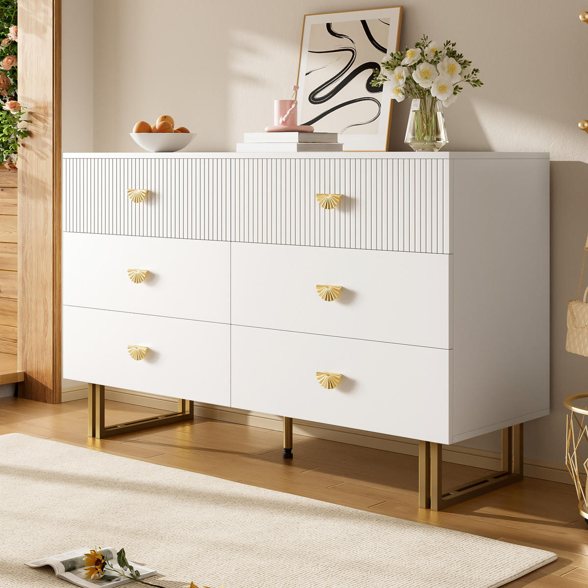 SIDEBOARD 6 Schubladen Weiß Gold MDF Stahl 120x40x75 - Weiß, Holzwerkstoff (40/75/120cm) - FLIEKS