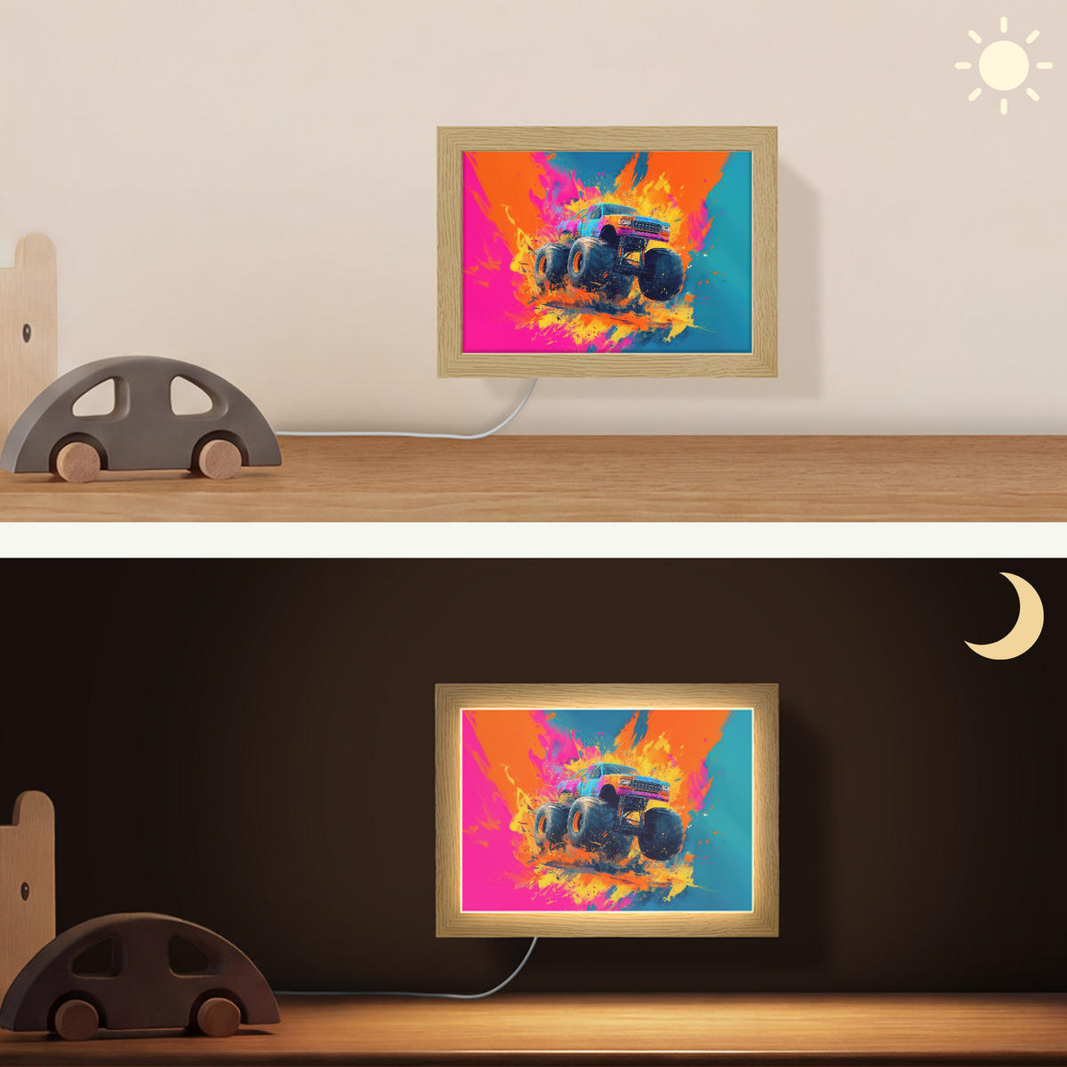 NÁSTĚNNÁ LAMPA Monster truck - Abstraktní - Stříkající barva - Barevné 20x15 cm - růžová, kompozitní dřevo (20/15/8cm) - OnlyWow