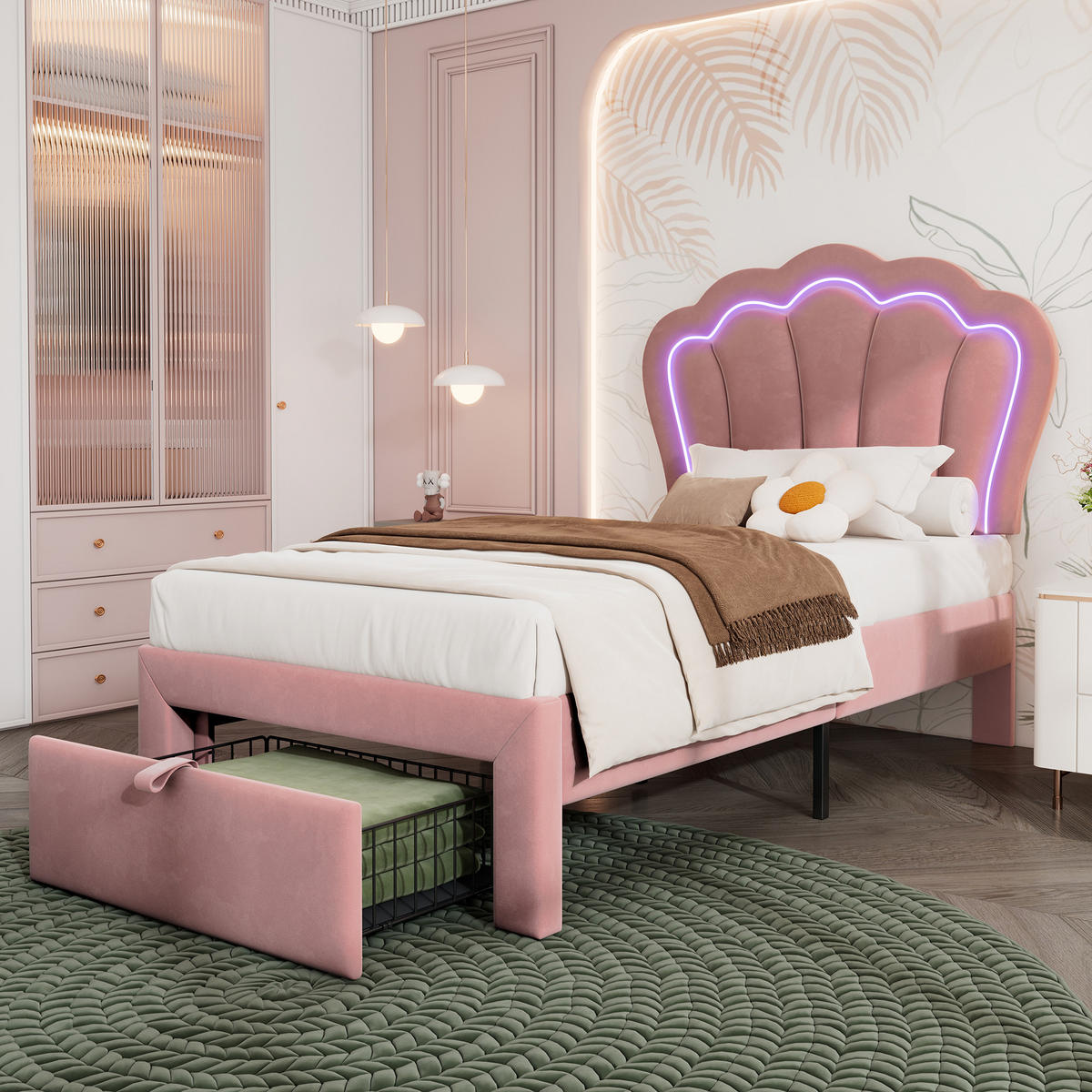 POLSTERBETT 90/200 cm in Rosa Samt mit Schublade, LED und verstellbarem Kopfteil - Schwarz/Rosa, Holzwerkstoff/Textil (90/200cm) - STILVORA