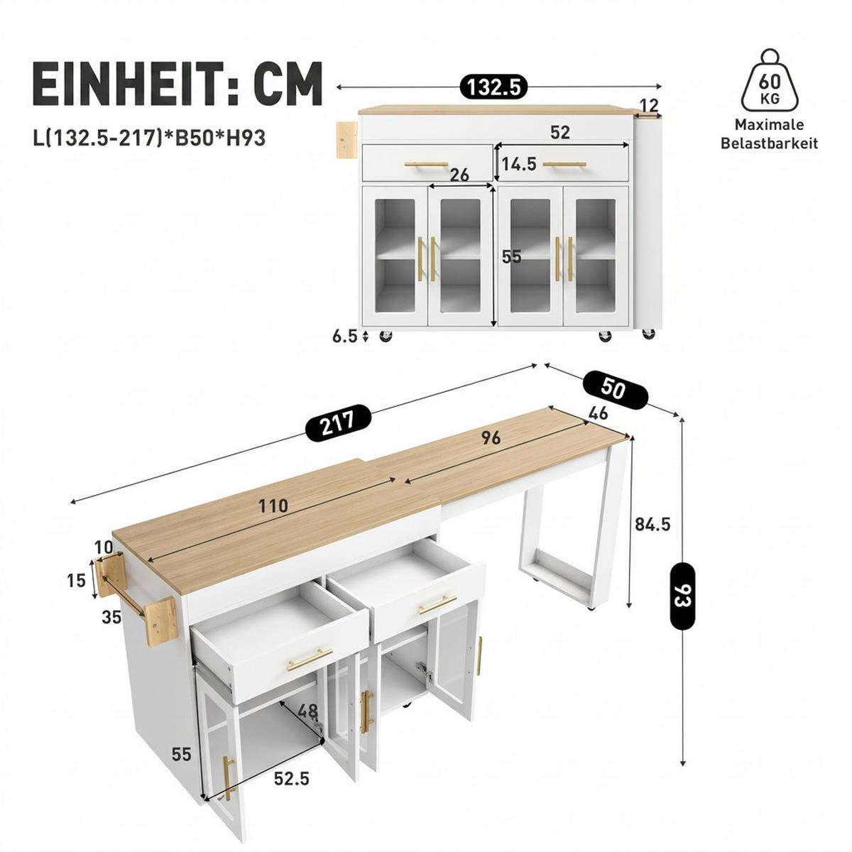 KÜCHENINSEL auf Rollen 132.5-217/50/93 cm Weiß mit 2 Schubladen und Glastüren - Weiß, Holz (50/93/132.5cm) - Oxeza