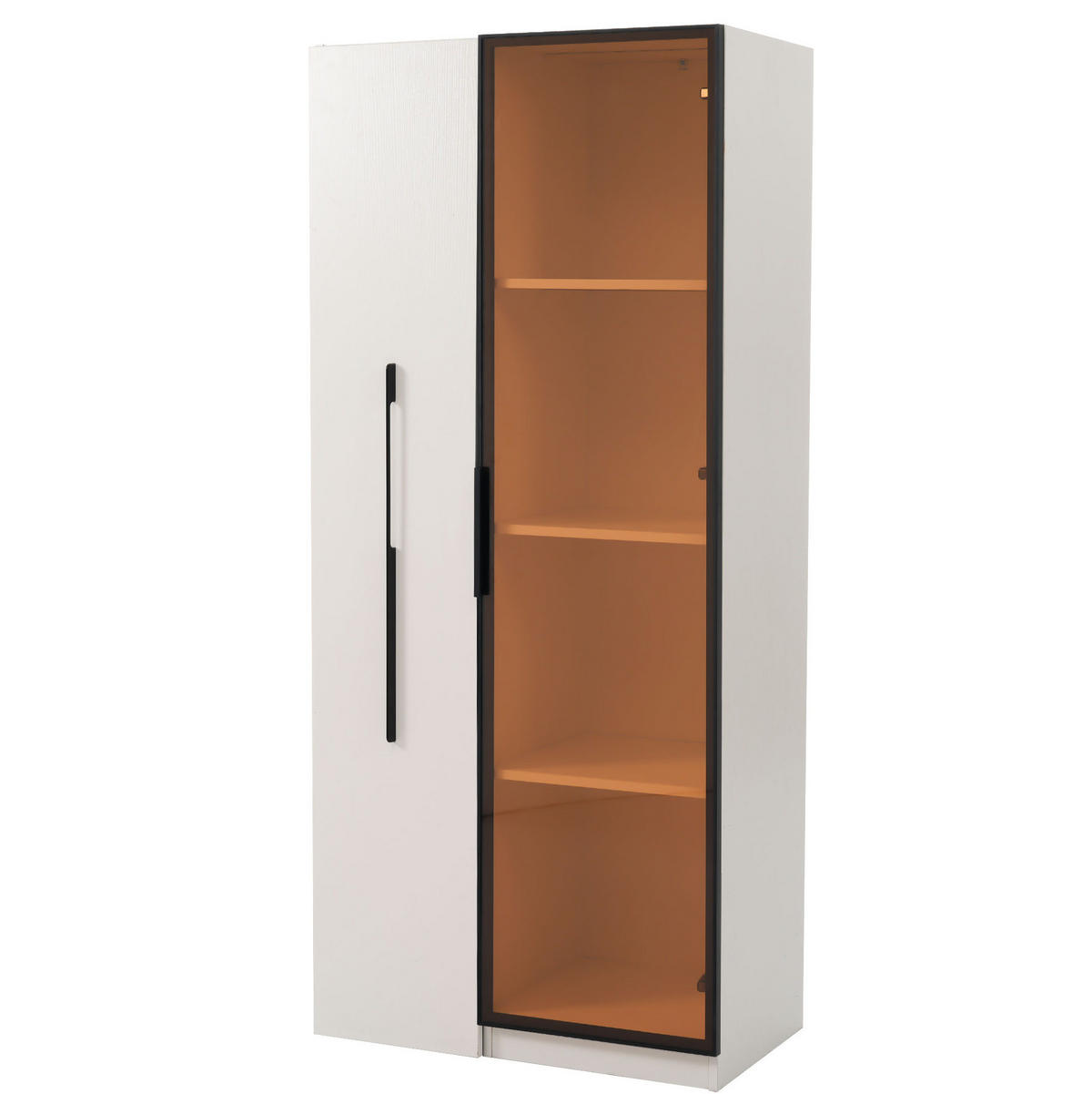 VITRÍNA z MDF 70x40x160 cm bílá s tvrzeným sklem, LED osvětlením a výsuvným bočním regálem na kolečkách - bílá, kompozitní dřevo (70/160/40cm) - Modfu