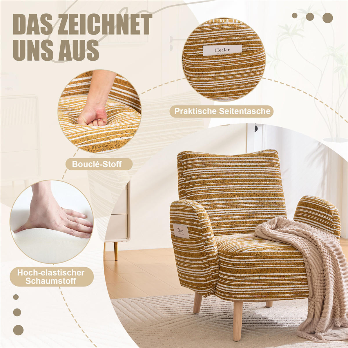 SESSEL Kreismuster Stoff Massivholzbeine Lesesessel - Gelb, Textil (77/87/81cm) - Kaket
