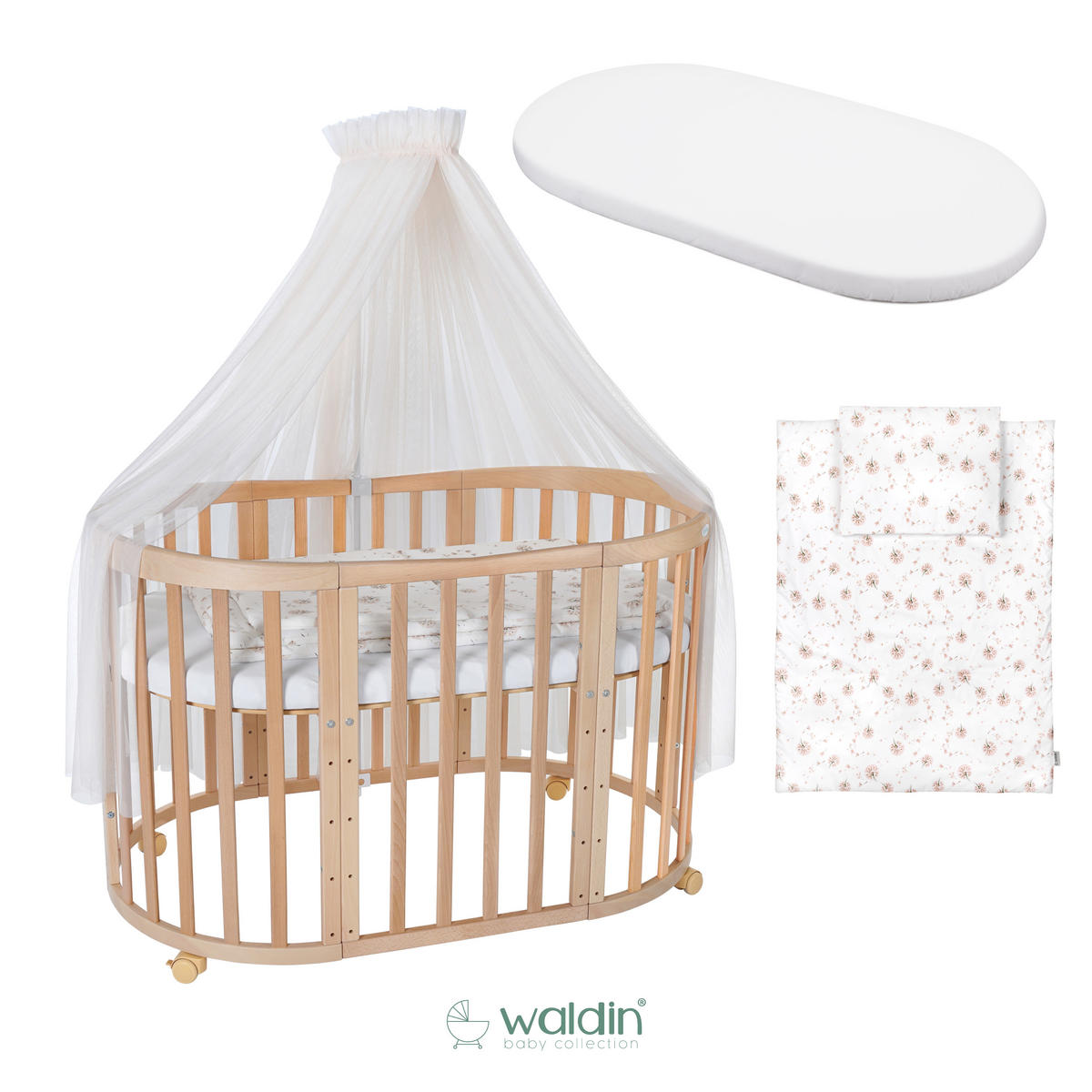 BABYBETT NATUR OVAL 7in1 mit Matratze und Himmelset - Champagner/Naturfarben, Holz/Textil