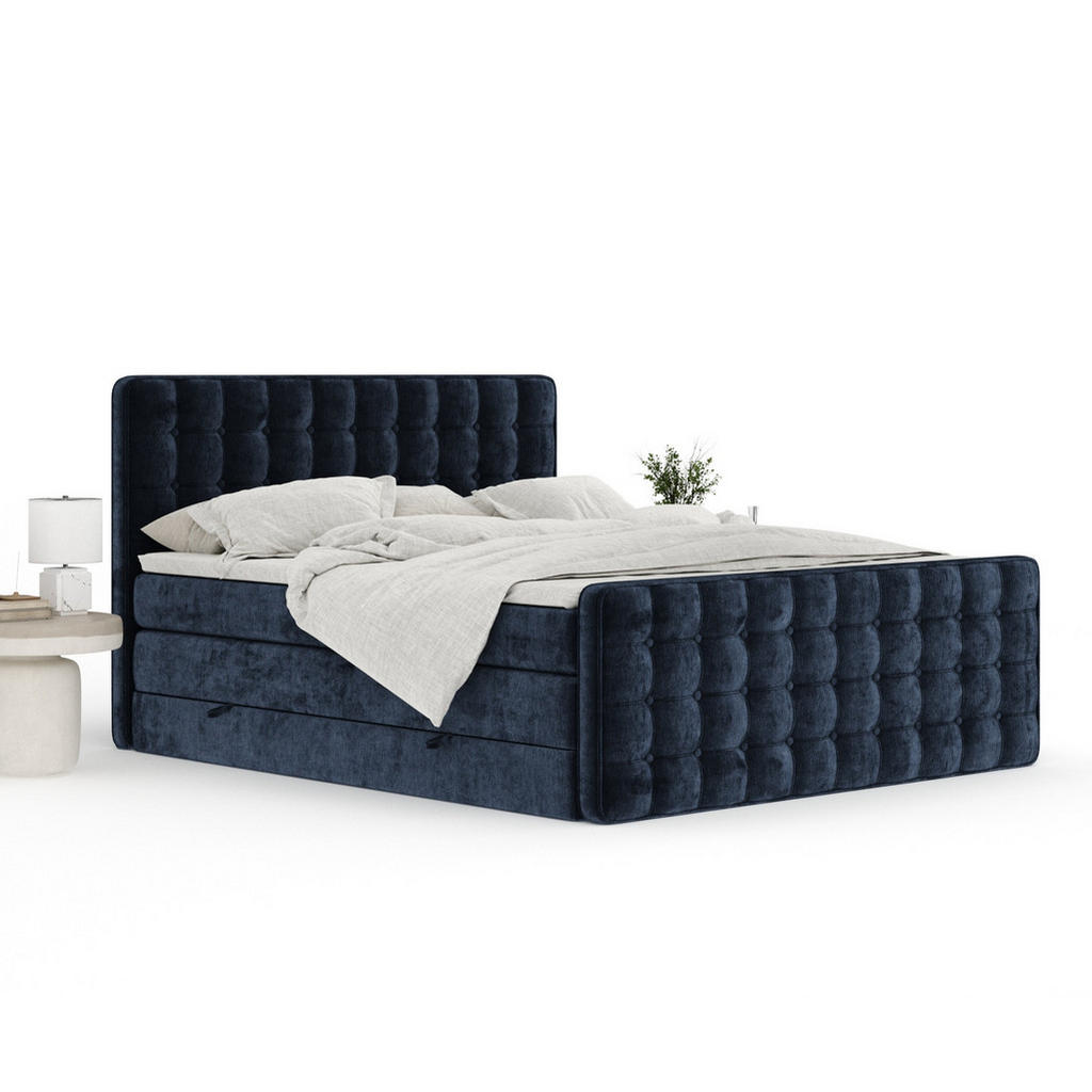 Thumbnail - Maison de Reve Boxspringbett, Dunkelblau, Textil, Buche, Kiefer, H2, 7-Zonen, Höhe ca. 40 cm, 200x200 cm, Handmade in Eu...