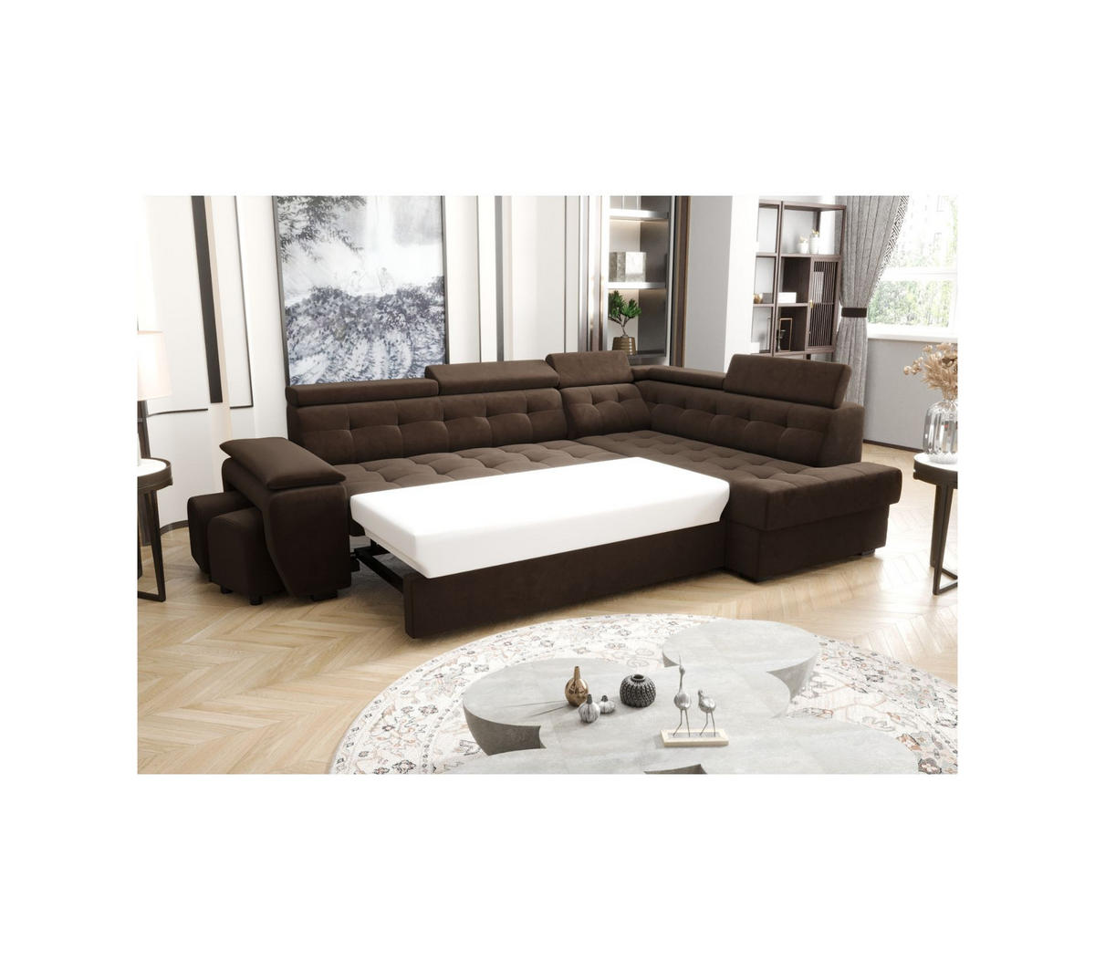 ECKSOFA KONGO RBN15, Eckcouch in L-Form mit Schlaffunktion, Farbe: Dunkelbraun, Velourstoff, Ottomane Rechts - Dunkelbraun, Textil (277/180cm) - O-Sofa